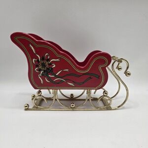 Vintage Cottagecore Red Christmas Sleigh Decor Gold Runners Victorian Ribbon